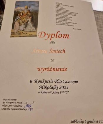 Dyplom - wyróżnienie dla ucznia kl. IV.